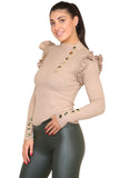 Ribbed Knit Gold Button Detail Jumper with Frill For Women  - Dropwear