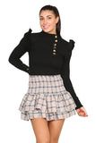 Royal Blue Ribbed Knit Gold Button Detail Jumper with Frill For Women M/L - Dropwear