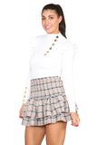 Red Ribbed Knit Gold Button Detail Jumper with Frill For Women M/L - Dropwear