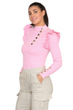 Black Ribbed Knit Gold Button Detail Jumper with Frill For Women S/M - Dropwear