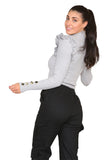 Ribbed Knit Gold Button Detail Jumper with Frill For Women  - Dropwear