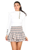 White Ribbed Knit Gold Button Detail Jumper with Frill For Women M/L - Dropwear