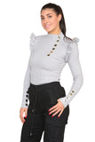 Ribbed Knit Gold Button Detail Jumper with Frill For Women  - Dropwear