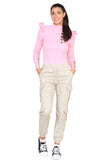 White Ribbed Knit Gold Button Detail Jumper with Frill For Women S/M - Dropwear
