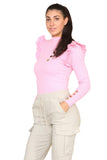 Beige Ribbed Knit Gold Button Detail Jumper with Frill For Women S/M - Dropwear