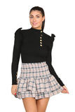 Grey Ribbed Knit Gold Button Detail Jumper with Frill For Women M/L - Dropwear