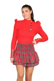 Beige Ribbed Knit Gold Button Detail Jumper with Frill For Women M/L - Dropwear