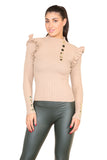 Ribbed Knit Gold Button Detail Jumper with Frill For Women  - Dropwear