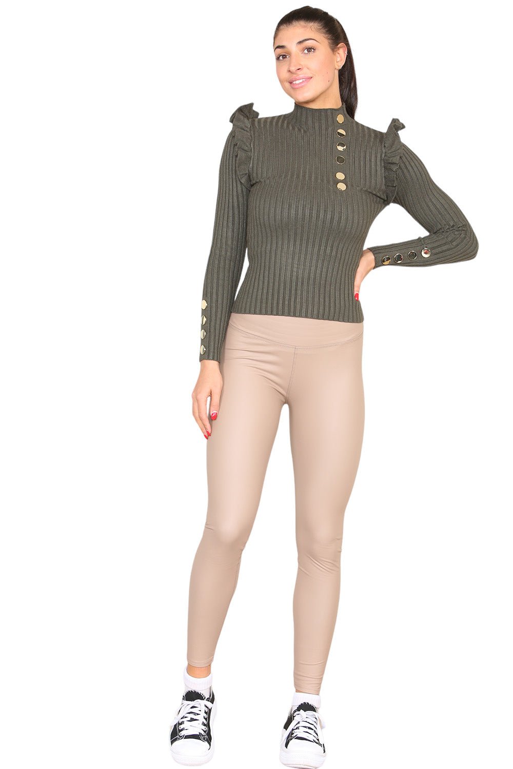 Ribbed Knit Gold Button Detail Jumper with Frill For Women  - Dropwear