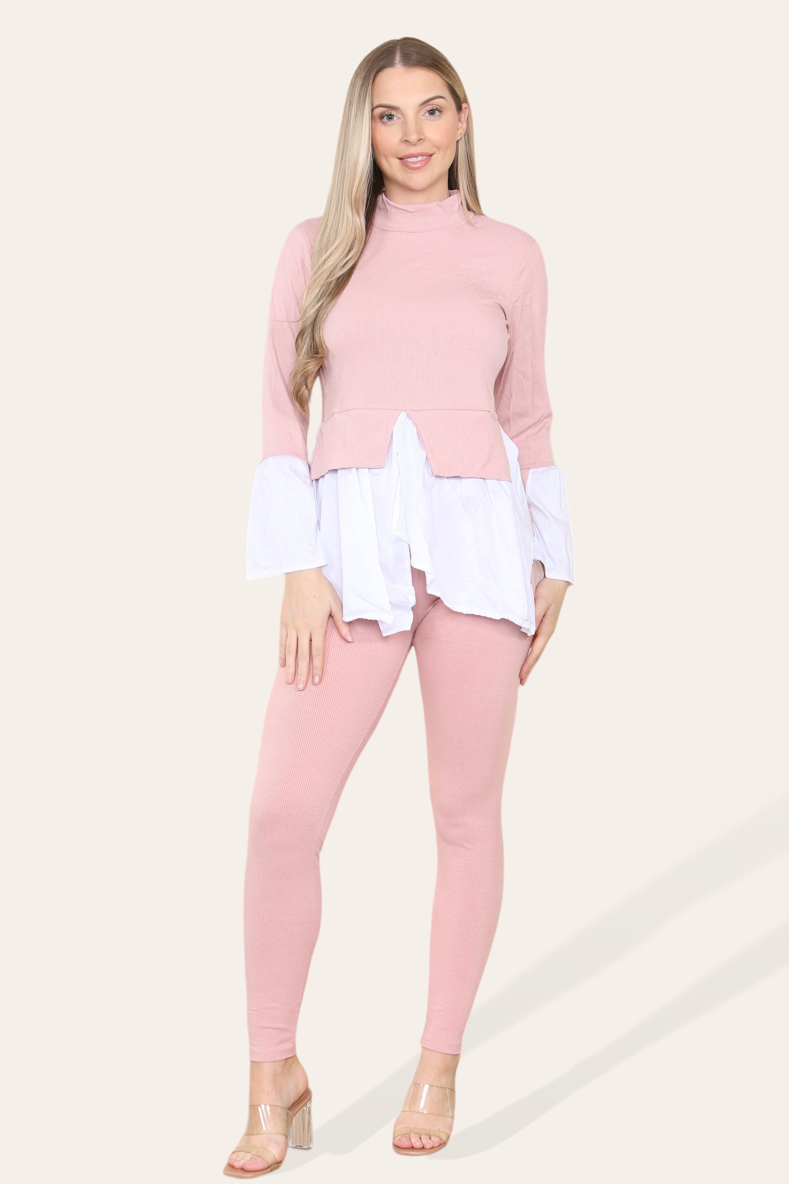Beige Ribbed Lounge Wear Flared Shirt and Leggings Co-Ord Set For Women 45816 - Dropwear