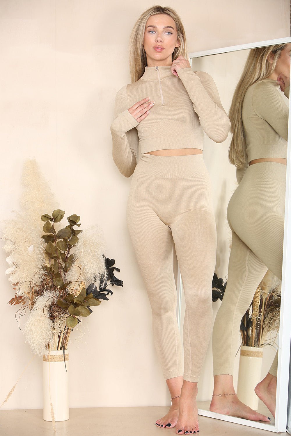 Chocolate Ribbed Tracksuit Two Piece Set With Half Zip Detail Gym Loungewear For Women M/L - Dropwear