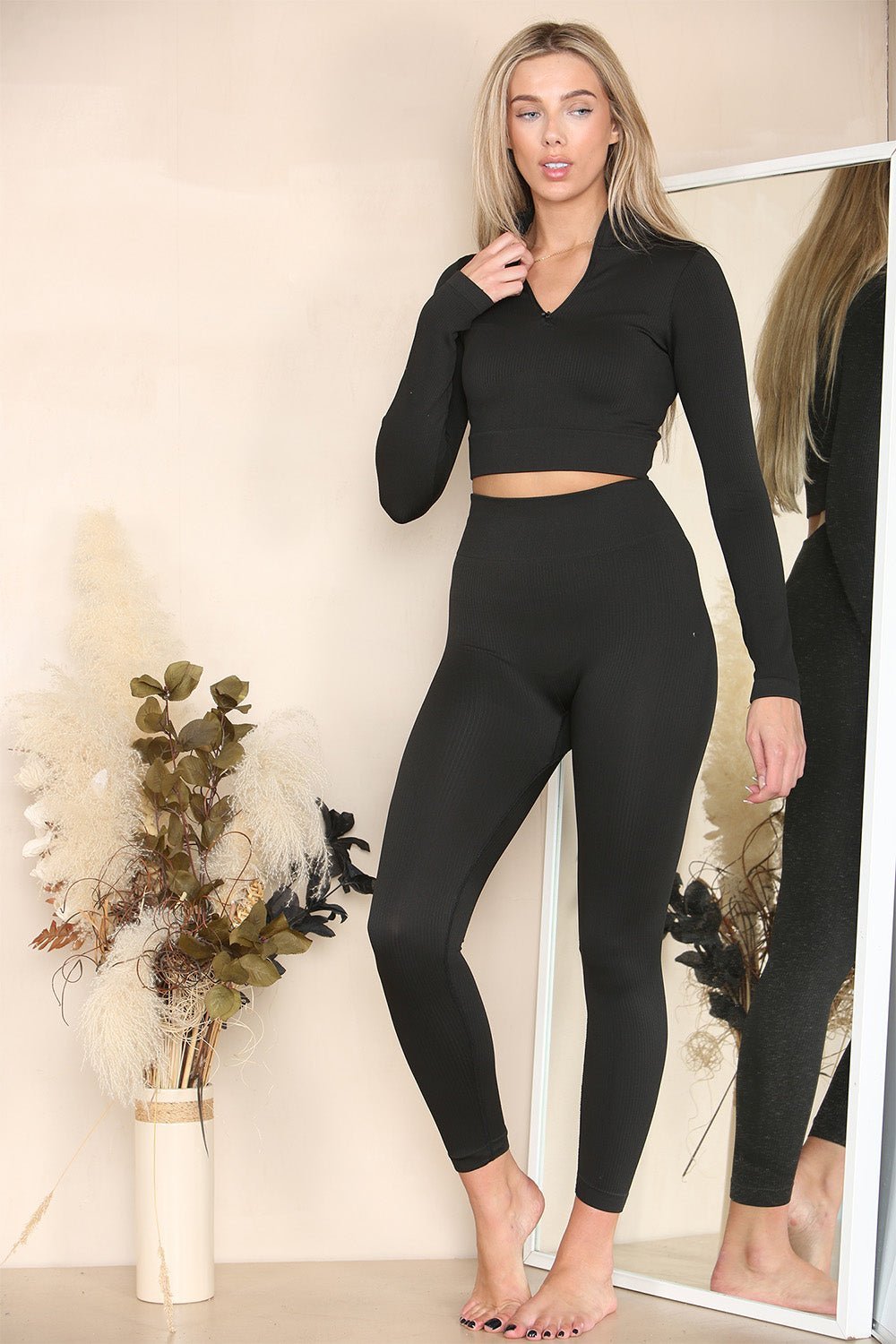 Ribbed Tracksuit Two Piece Set With Half Zip Detail Gym Loungewear For Women  - Dropwear