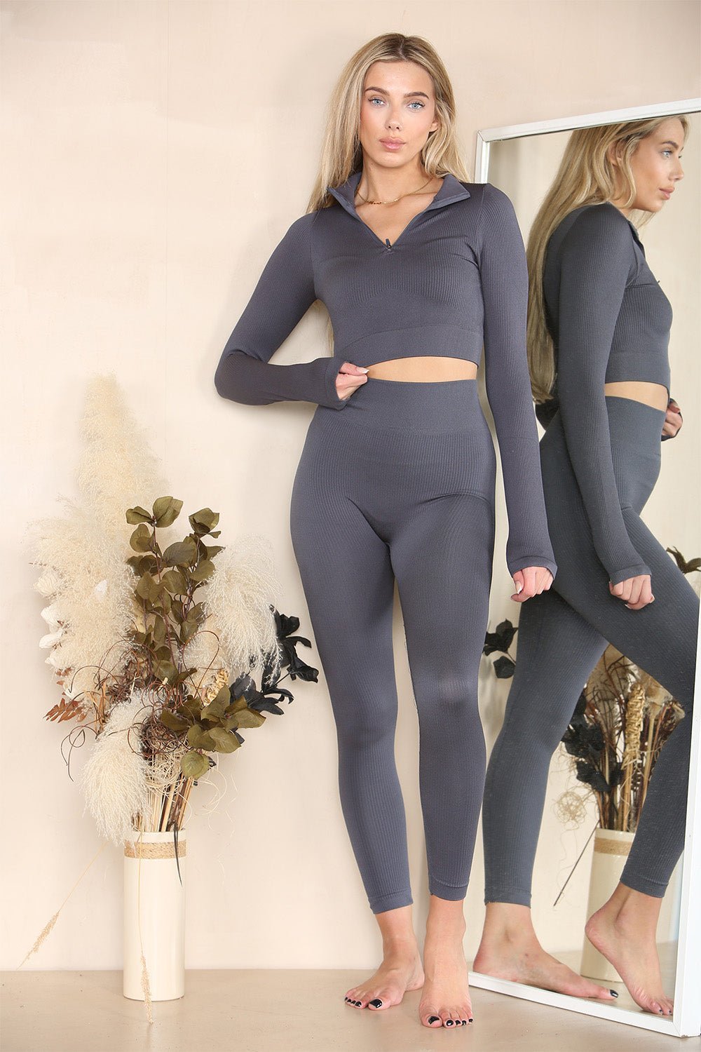 Black Ribbed Tracksuit Two Piece Set With Half Zip Detail Gym Loungewear For Women S/M - Dropwear