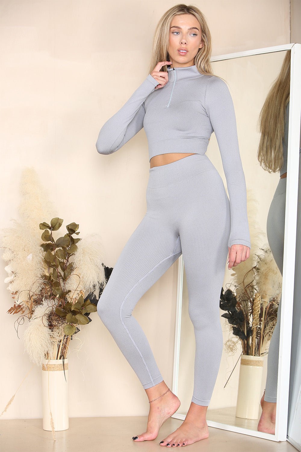 Ribbed Tracksuit Two Piece Set With Half Zip Detail Gym Loungewear For Women  - Dropwear