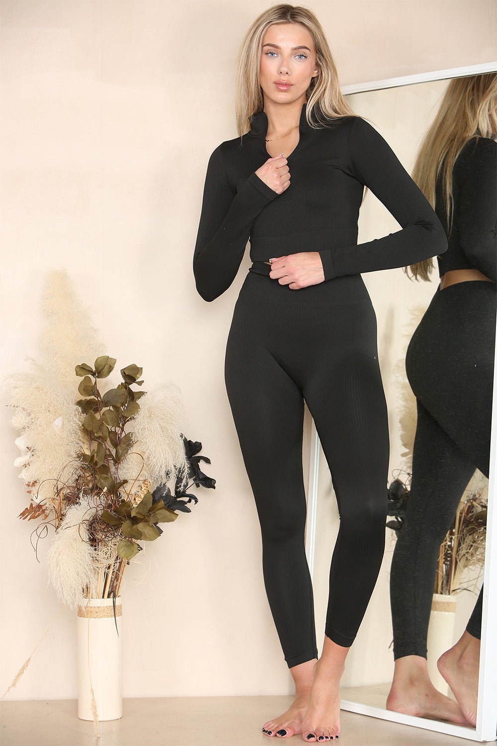 Ribbed Tracksuit Two Piece Set With Half Zip Detail Gym Loungewear For Women  - Dropwear