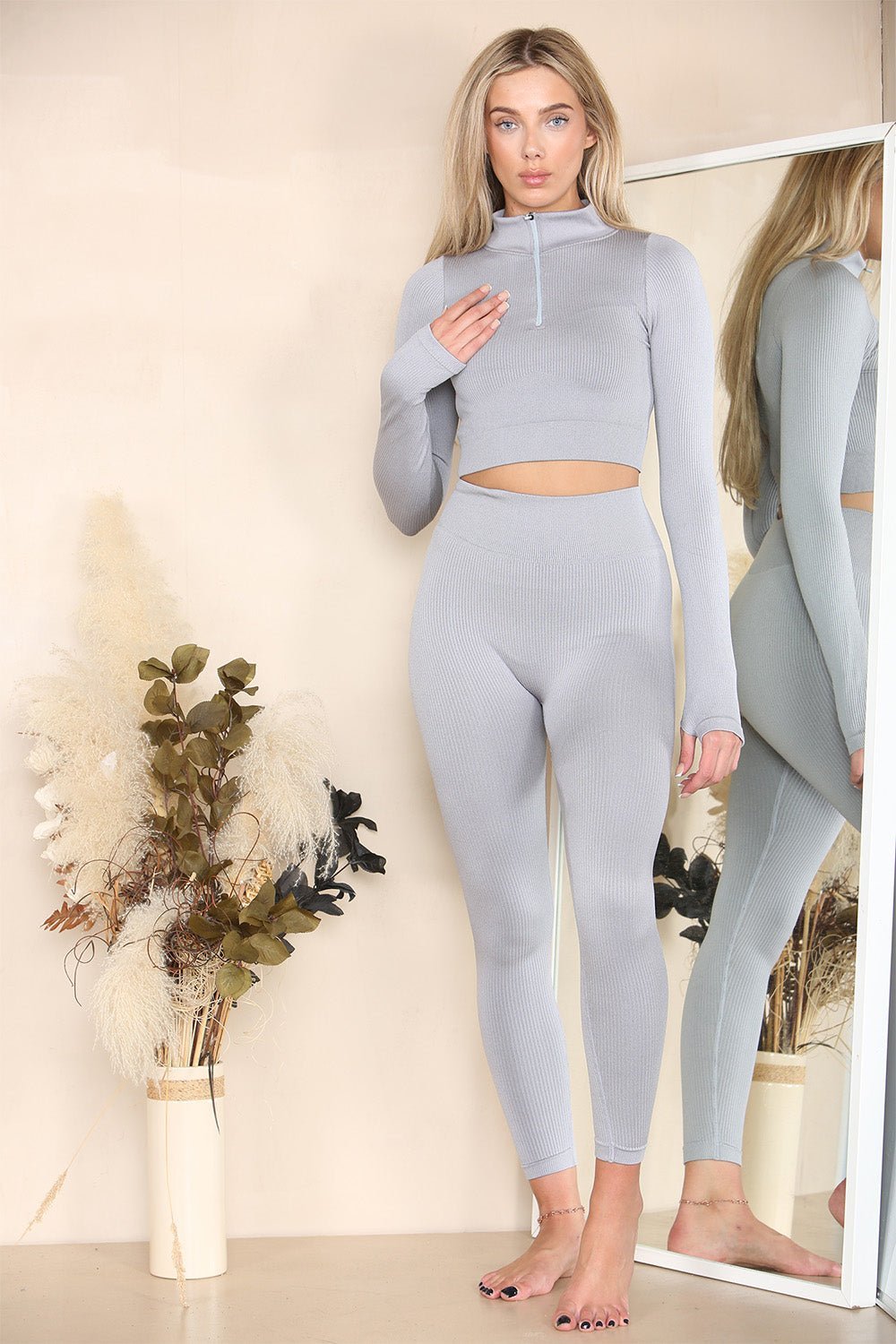 Charcoal Ribbed Tracksuit Two Piece Set With Half Zip Detail Gym Loungewear For Women M/L - Dropwear