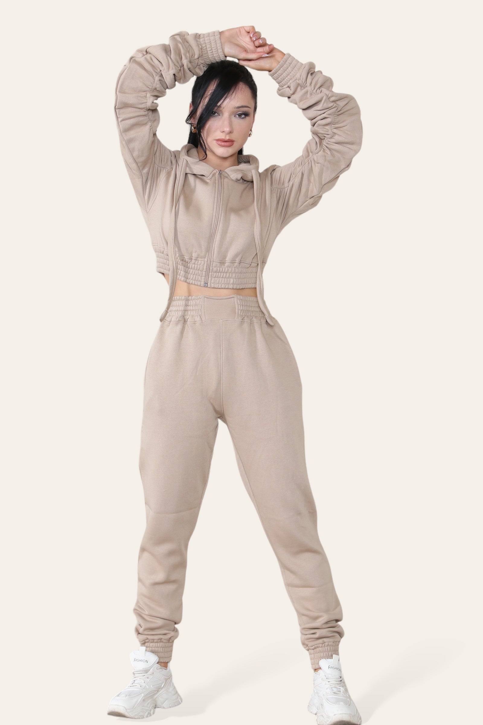 Baby Pink Ruched Sleeves Cropped Hoodie and Jogger Loungewear Set For Women 6 - Dropwear