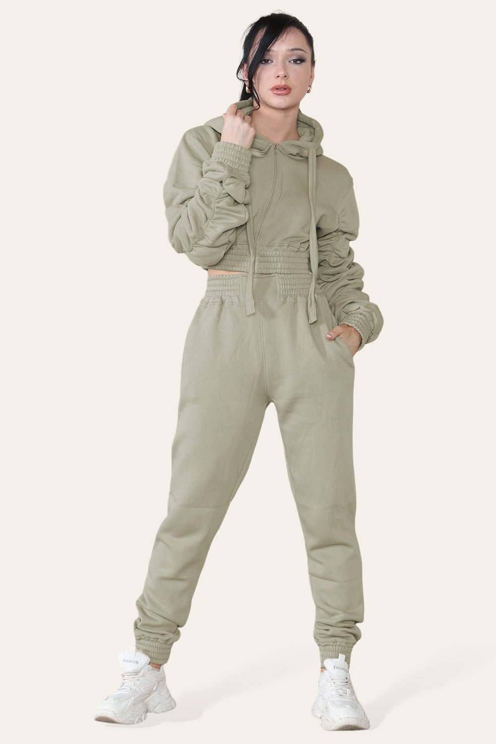 Baby Pink Ruched Sleeves Cropped Hoodie and Jogger Loungewear Set For Women 8 - Dropwear