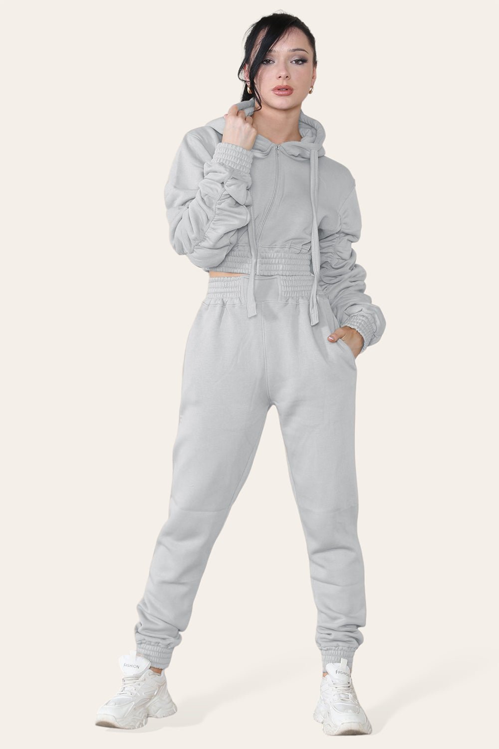 Grey Ruched Sleeves Cropped Hoodie and Jogger Loungewear Set For Women 6 - Dropwear