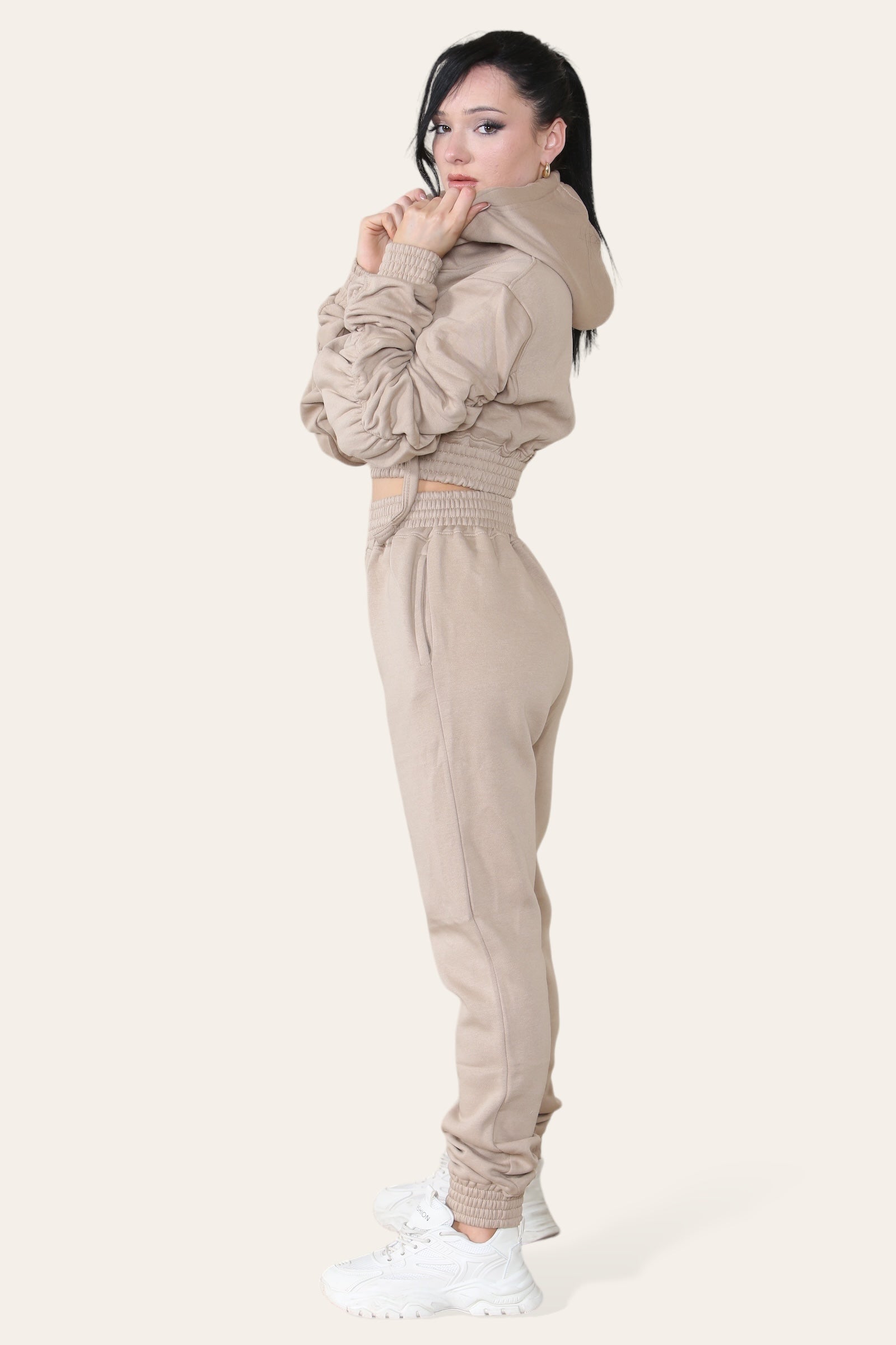 Cream Ruched Sleeves Cropped Hoodie and Jogger Loungewear Set For Women 6 - Dropwear