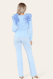 Sky Blue Ruffle Frill Shoulder Ribbed Loungewear CoOrd Top & Trouser Set For Women 8-10 - Dropwear