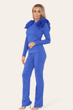 Ruffle Frill Shoulder Ribbed Loungewear CoOrd Top & Trouser Set For Women  - Dropwear