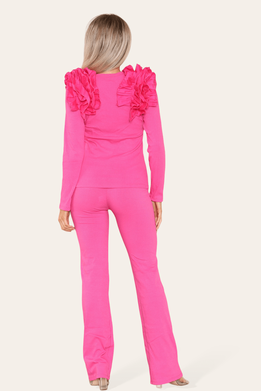 Ruffle Frill Shoulder Ribbed Loungewear CoOrd Top & Trouser Set For Women  - Dropwear