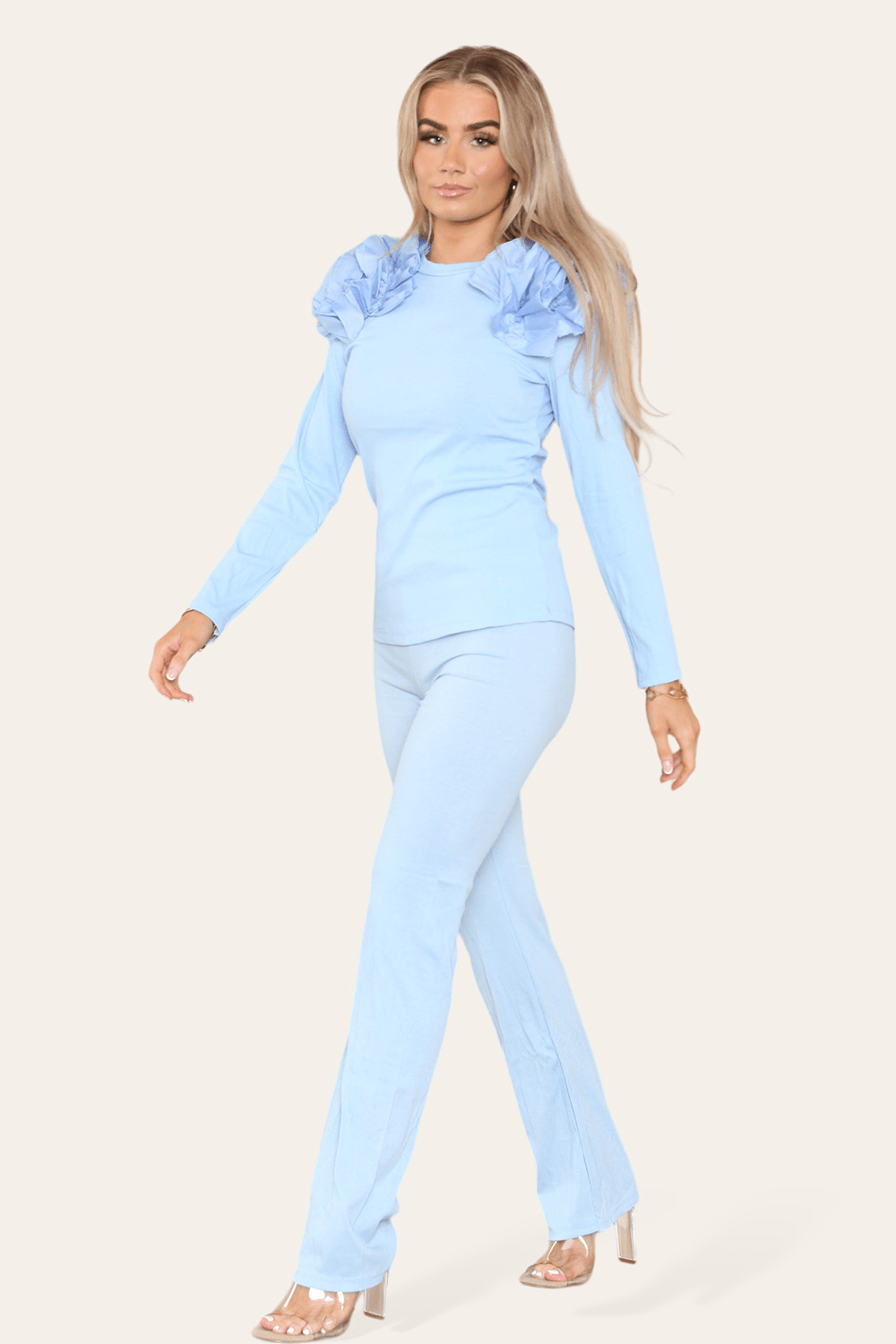 Pink Ruffle Frill Shoulder Ribbed Loungewear CoOrd Top & Trouser Set For Women 8-10 - Dropwear
