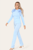 Pink Ruffle Frill Shoulder Ribbed Loungewear CoOrd Top & Trouser Set For Women 8-10 - Dropwear