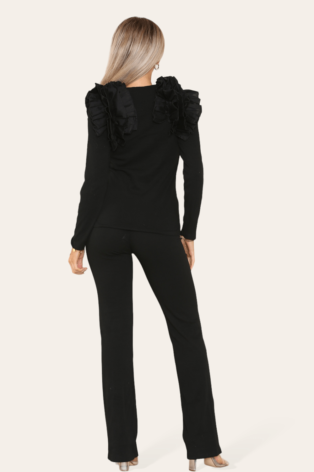 Ruffle Frill Shoulder Ribbed Loungewear CoOrd Top & Trouser Set For Women  - Dropwear