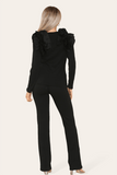 Ruffle Frill Shoulder Ribbed Loungewear CoOrd Top & Trouser Set For Women  - Dropwear