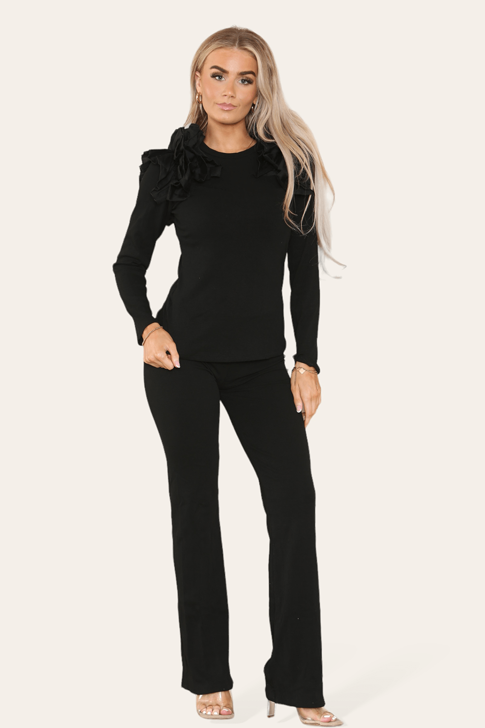 Ruffle Frill Shoulder Ribbed Loungewear CoOrd Top & Trouser Set For Women  - Dropwear