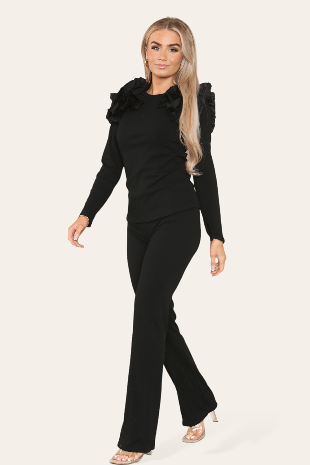 Ruffle Frill Shoulder Ribbed Loungewear CoOrd Top & Trouser Set For Women  - Dropwear