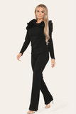 Ruffle Frill Shoulder Ribbed Loungewear CoOrd Top & Trouser Set For Women  - Dropwear