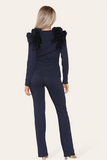 Ruffle Frill Shoulder Ribbed Loungewear CoOrd Top & Trouser Set For Women  - Dropwear