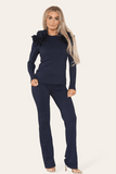 Ruffle Frill Shoulder Ribbed Loungewear CoOrd Top & Trouser Set For Women  - Dropwear
