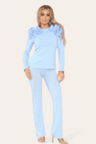 Beige Ruffle Frill Shoulder Ribbed Loungewear CoOrd Top & Trouser Set For Women 8-10 - Dropwear