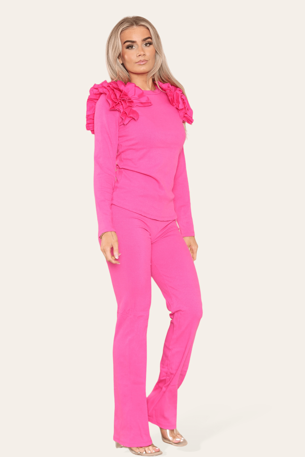 Ruffle Frill Shoulder Ribbed Loungewear CoOrd Top & Trouser Set For Women  - Dropwear
