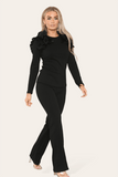 Ruffle Frill Shoulder Ribbed Loungewear CoOrd Top & Trouser Set For Women  - Dropwear