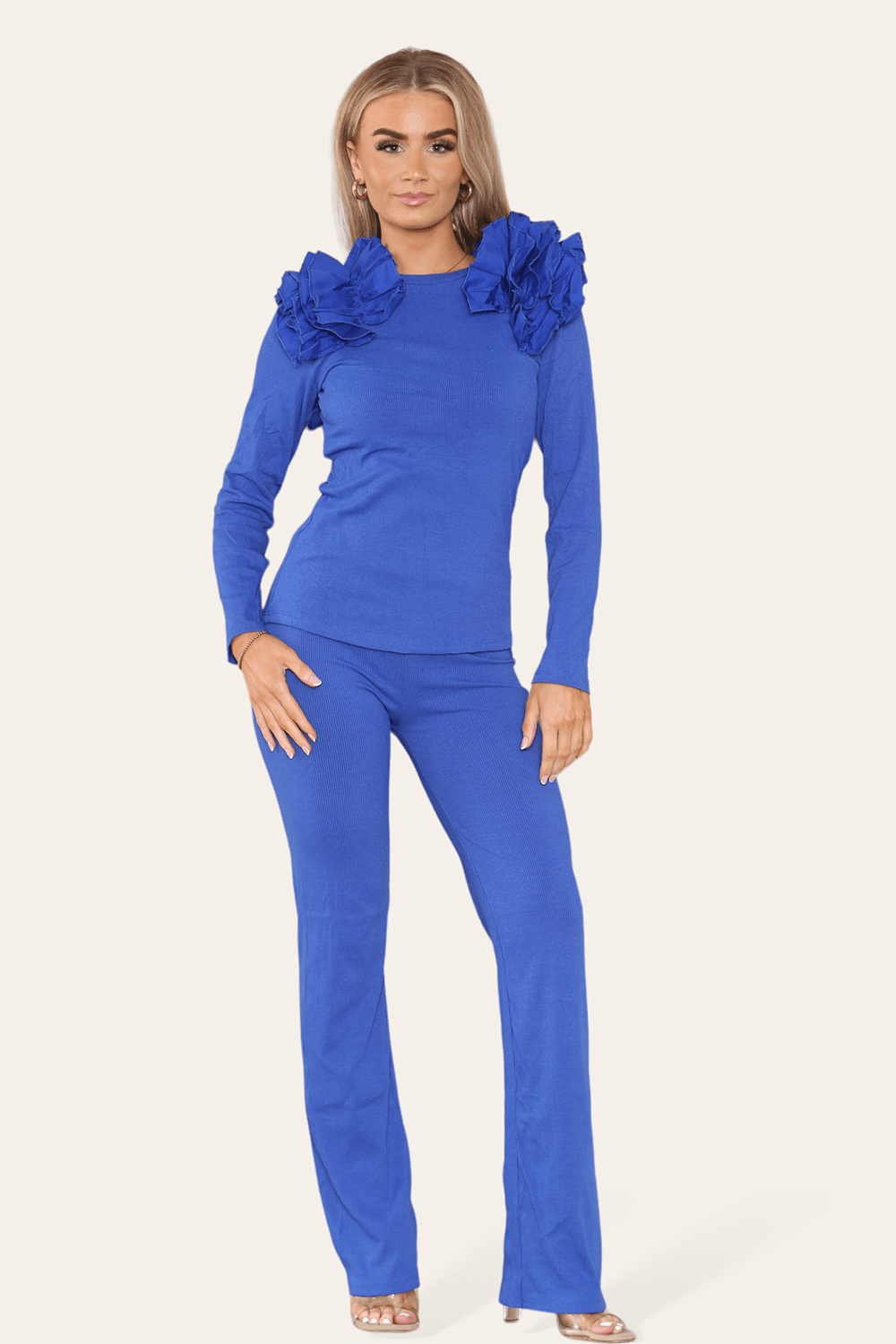 Ruffle Frill Shoulder Ribbed Loungewear CoOrd Top & Trouser Set For Women  - Dropwear