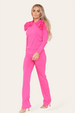 Mixed Colors Ruffle Frill Shoulder Ribbed Loungewear CoOrd Top & Trouser Set For Women 12-14 - Dropwear