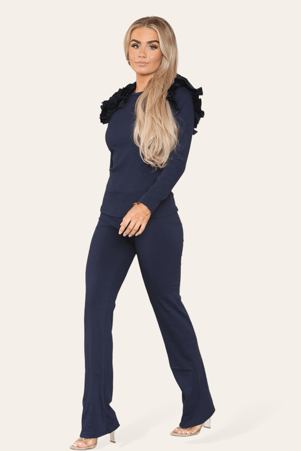 Ruffle Frill Shoulder Ribbed Loungewear CoOrd Top & Trouser Set For Women  - Dropwear