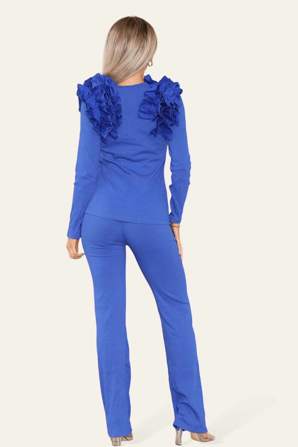 Ruffle Frill Shoulder Ribbed Loungewear CoOrd Top & Trouser Set For Women  - Dropwear