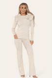 Beige Ruffle Frill Shoulder Ribbed Loungewear CoOrd Top & Trouser Set For Women 12-14 - Dropwear