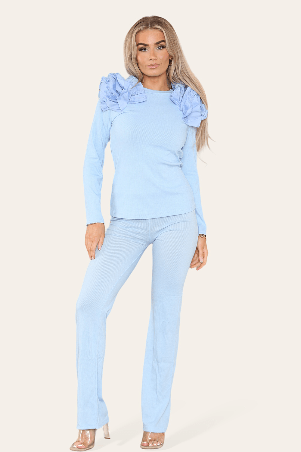 Fuchsia Ruffle Frill Shoulder Ribbed Loungewear CoOrd Top & Trouser Set For Women 8-10 - Dropwear