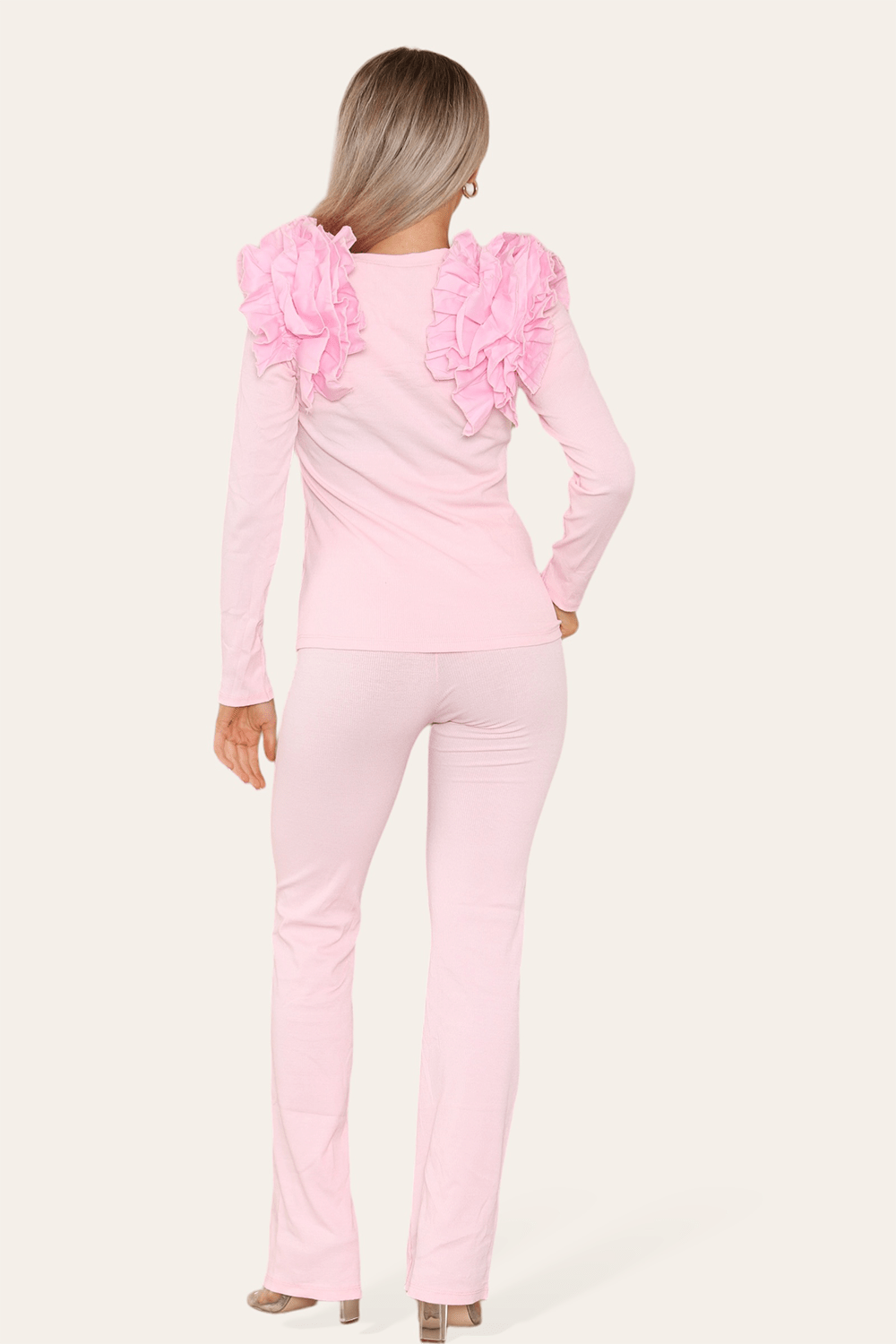 Mixed Colors Ruffle Frill Shoulder Ribbed Loungewear CoOrd Top & Trouser Set For Women 8-10 - Dropwear