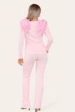 Mixed Colors Ruffle Frill Shoulder Ribbed Loungewear CoOrd Top & Trouser Set For Women 8-10 - Dropwear