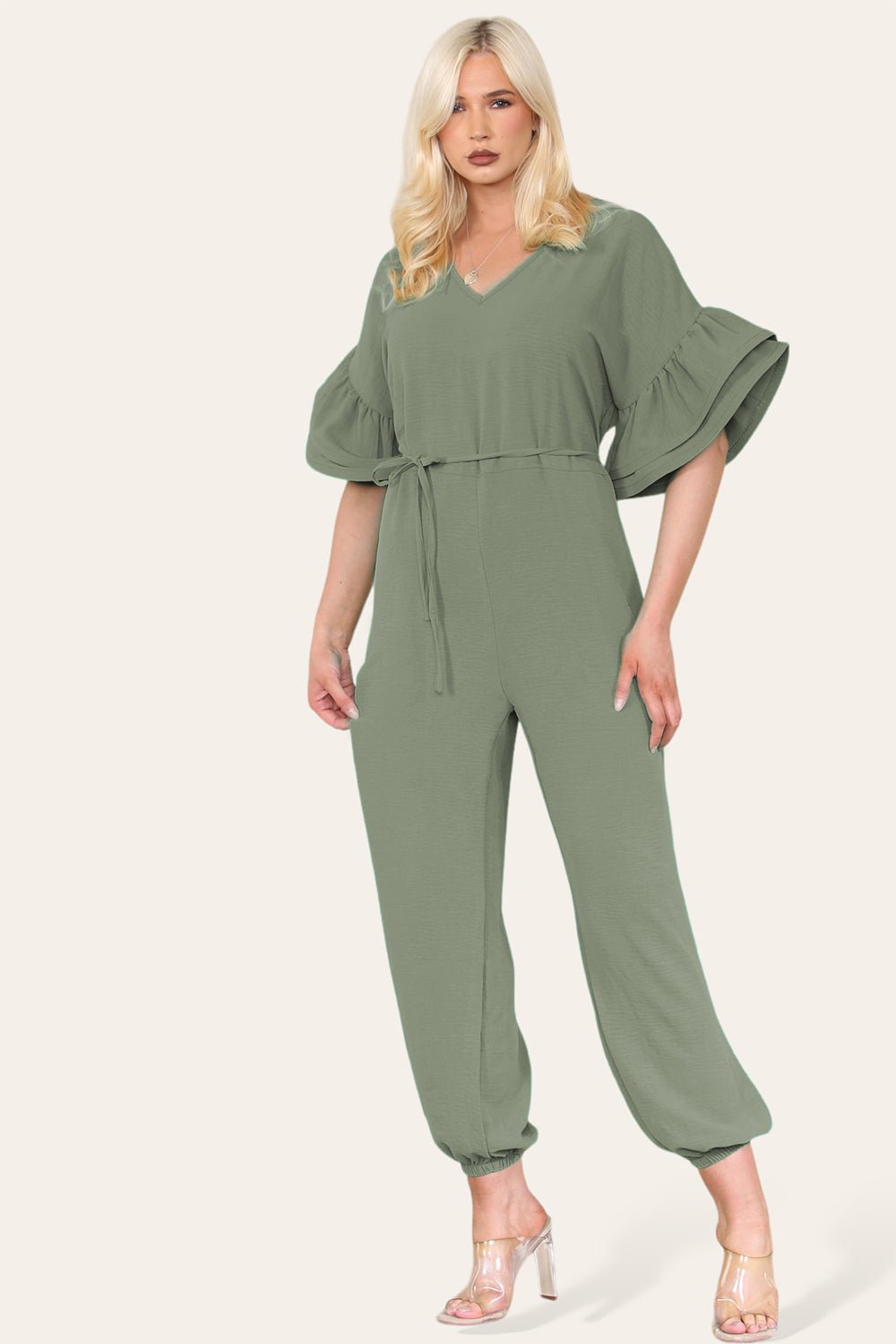 Ruffle Sleeves Frill Tie Jumpsuit For Women  - Dropwear