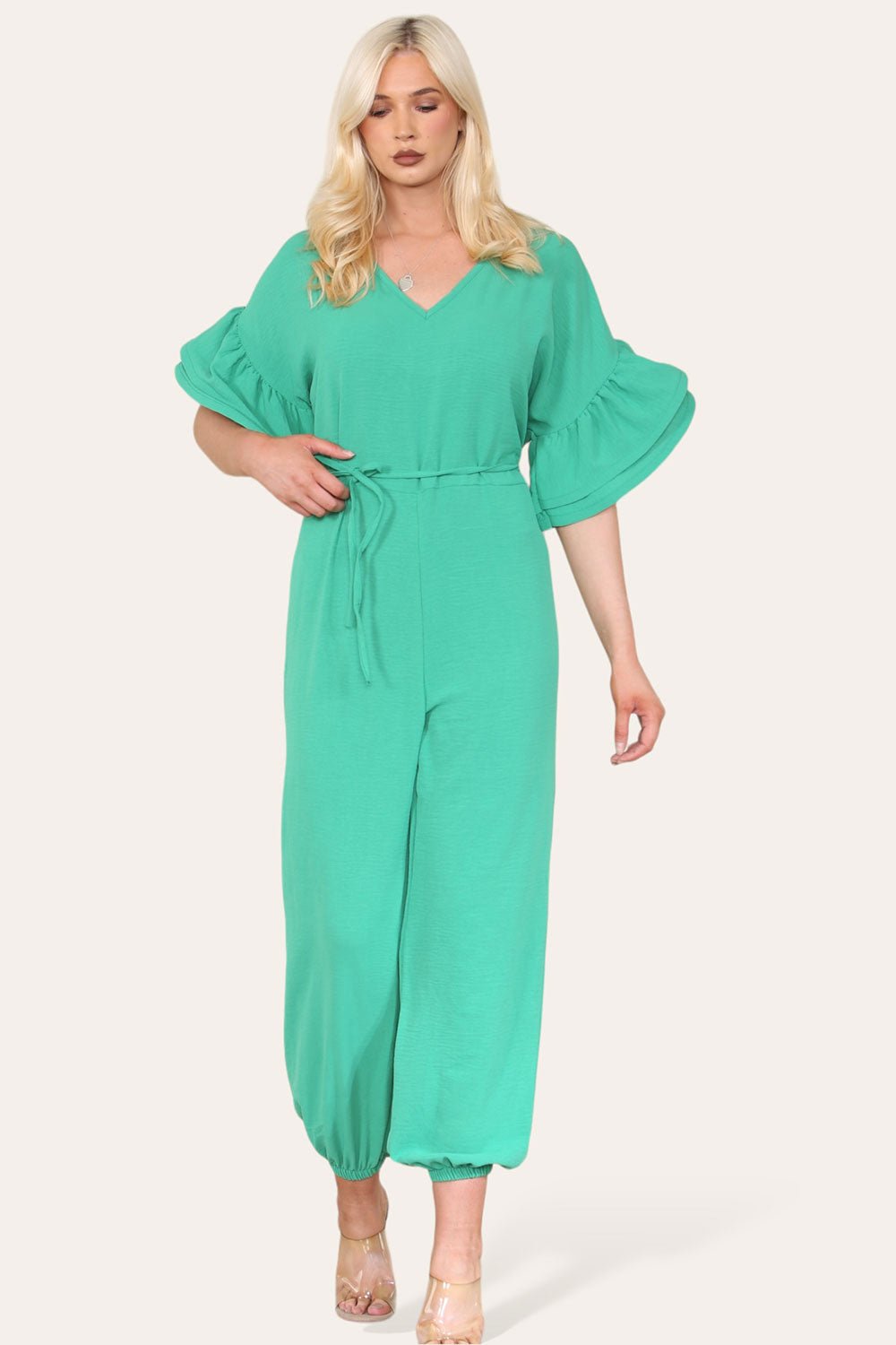 Baby Blue Ruffle Sleeves Frill Tie Jumpsuit For Women ONESIZE UK FIT (UP TO 16) - Dropwear
