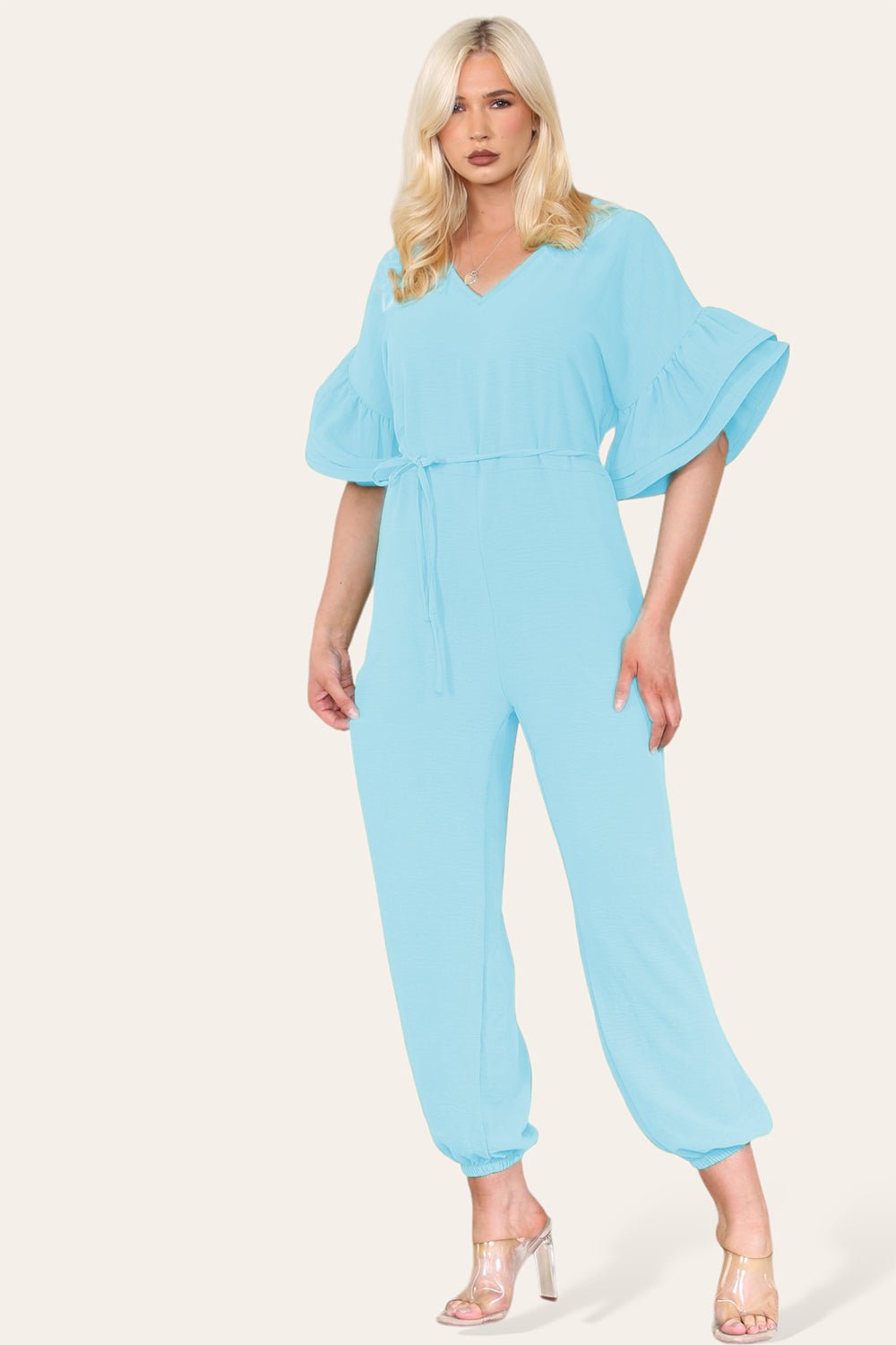 Ruffle Sleeves Frill Tie Jumpsuit For Women  - Dropwear